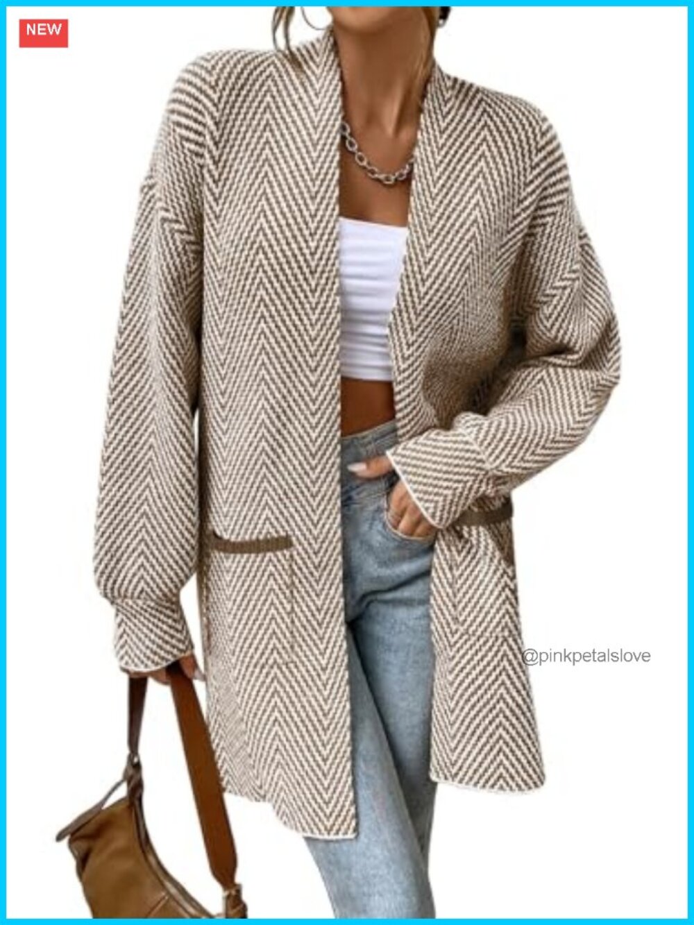 Open Front Chevron Cardigan Sweater 100% Acrylic Two Pocket Knit